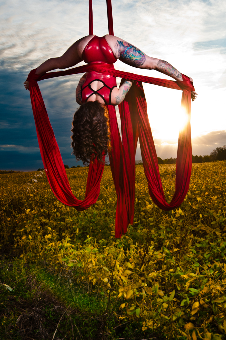 acrobat on aerial silks in a soybean field at sunset