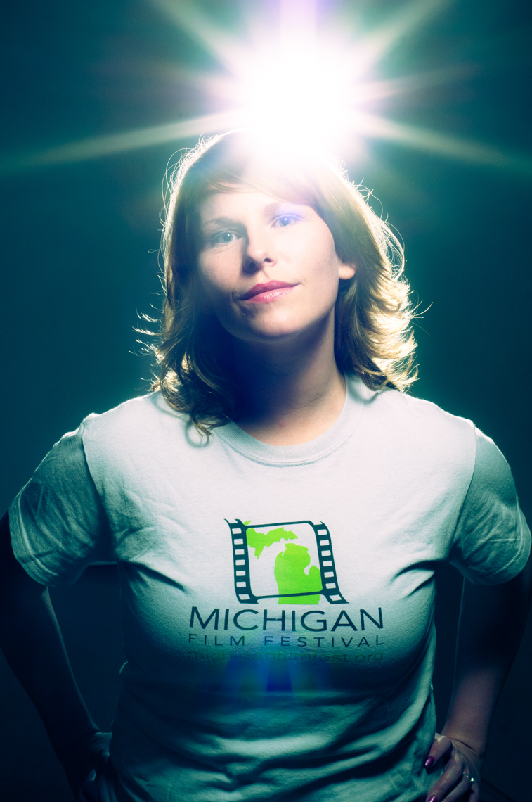 female model in tshirt with light flare